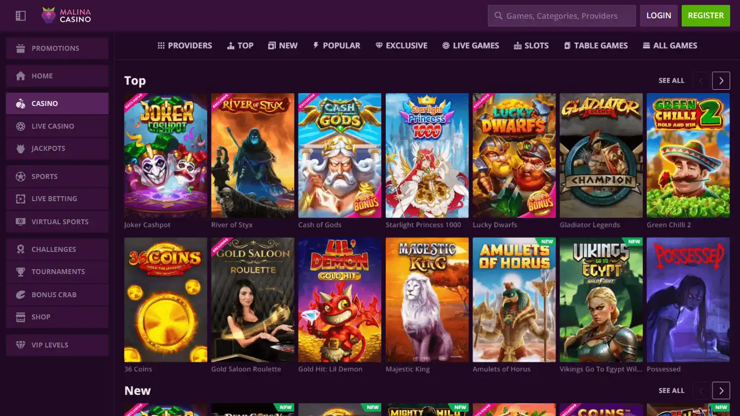 Malina Casino game lobby on desktop
