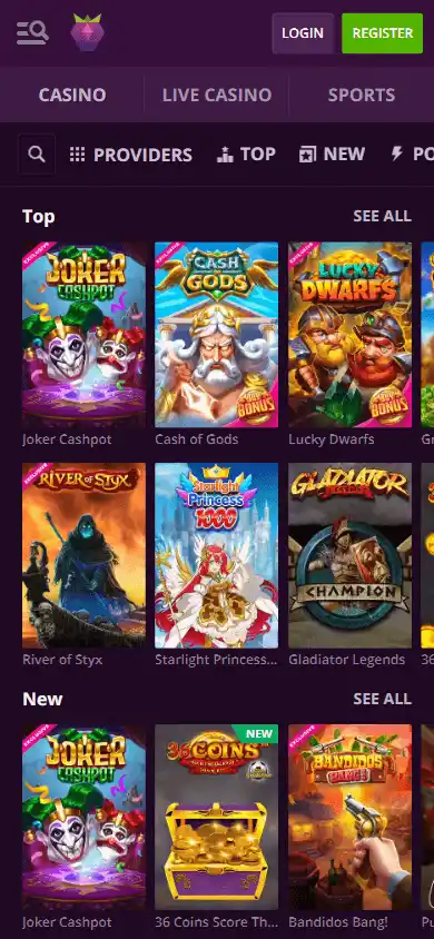 Malina Casino game lobby on mobile