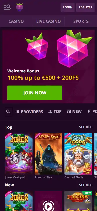 Malina Casino homepage on mobile
