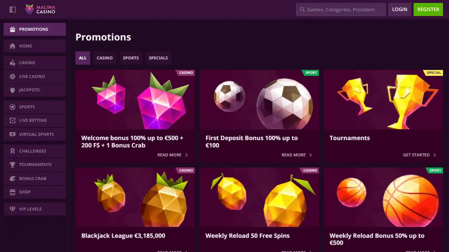 Malina Casino promotions page