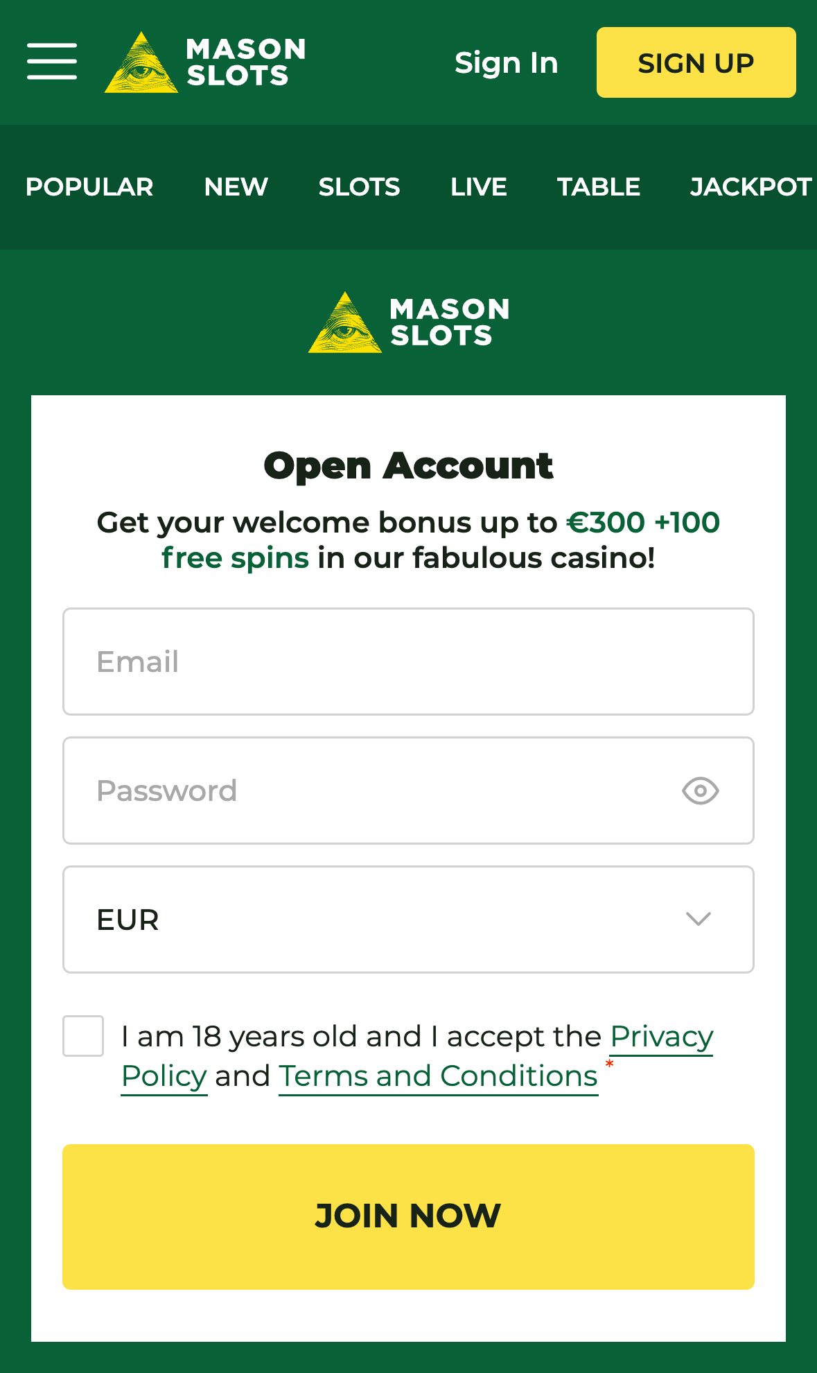 MasonSlots Casino homepage on mobile