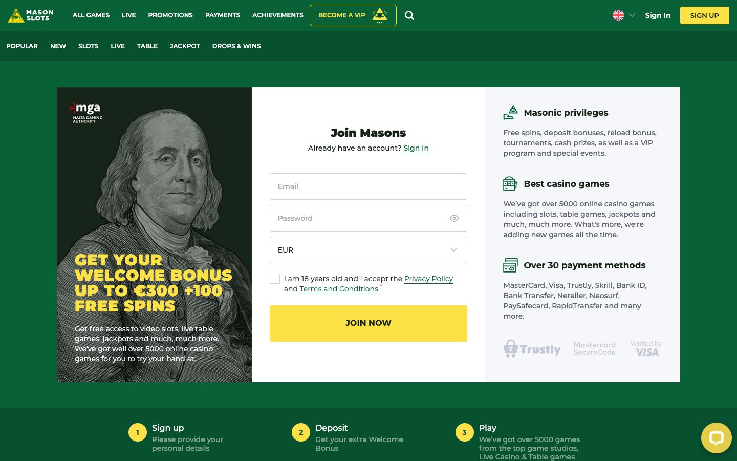 MasonSlots Casino homepage on desktop