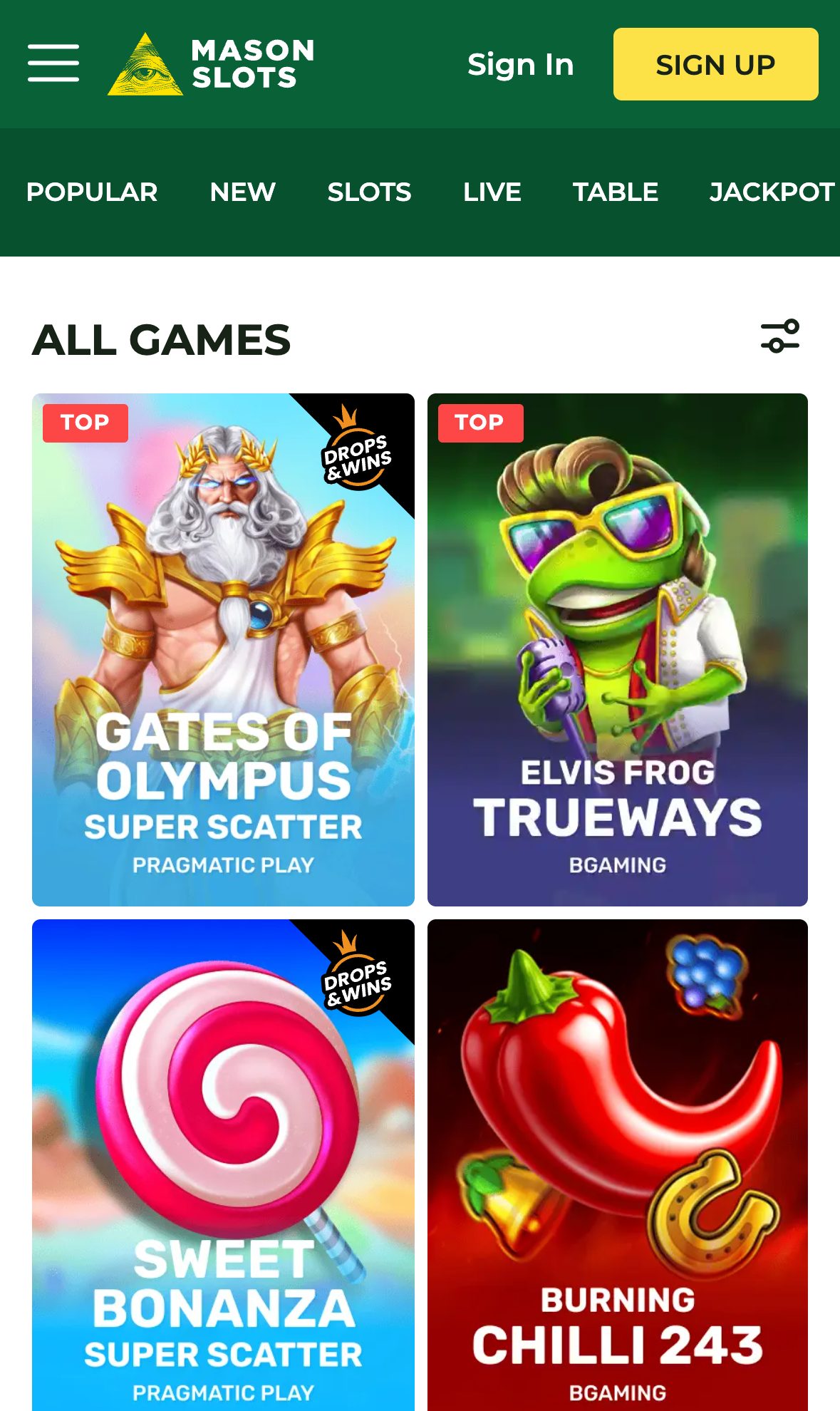 MasonSlots Casino game lobby on mobile
