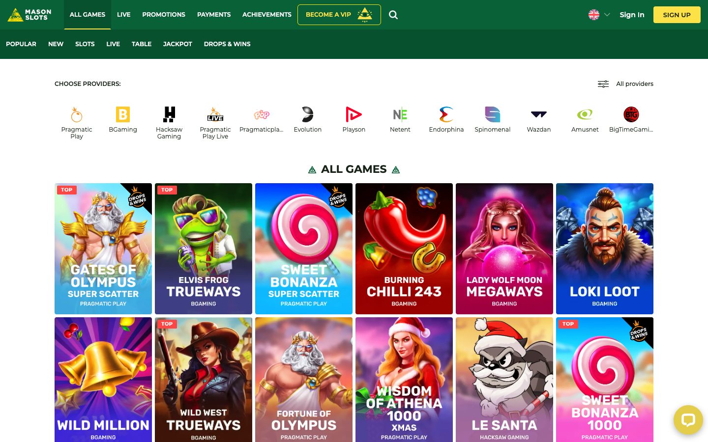 MasonSlots Casino game lobby