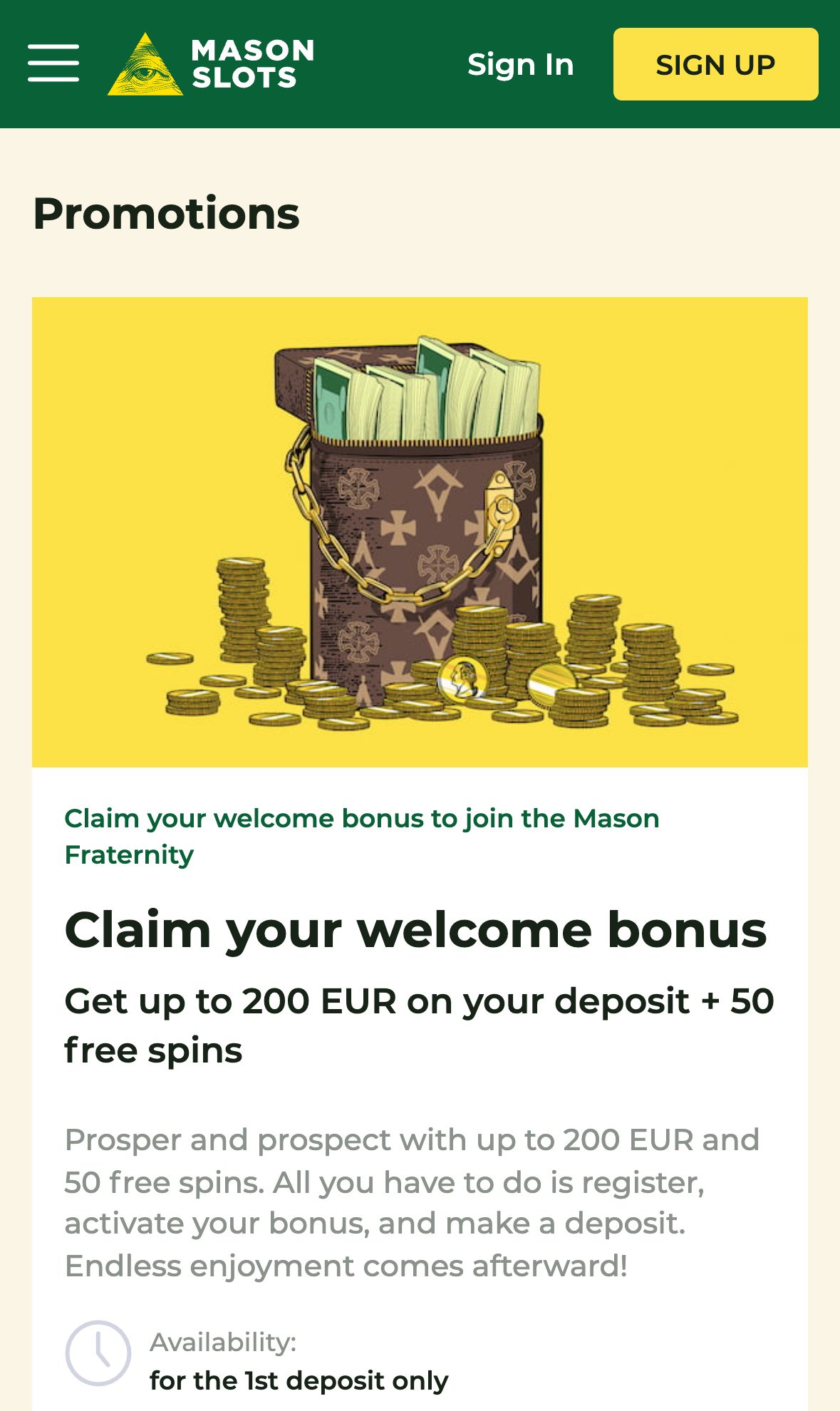 MasonSlots Casino promotions page on mobile