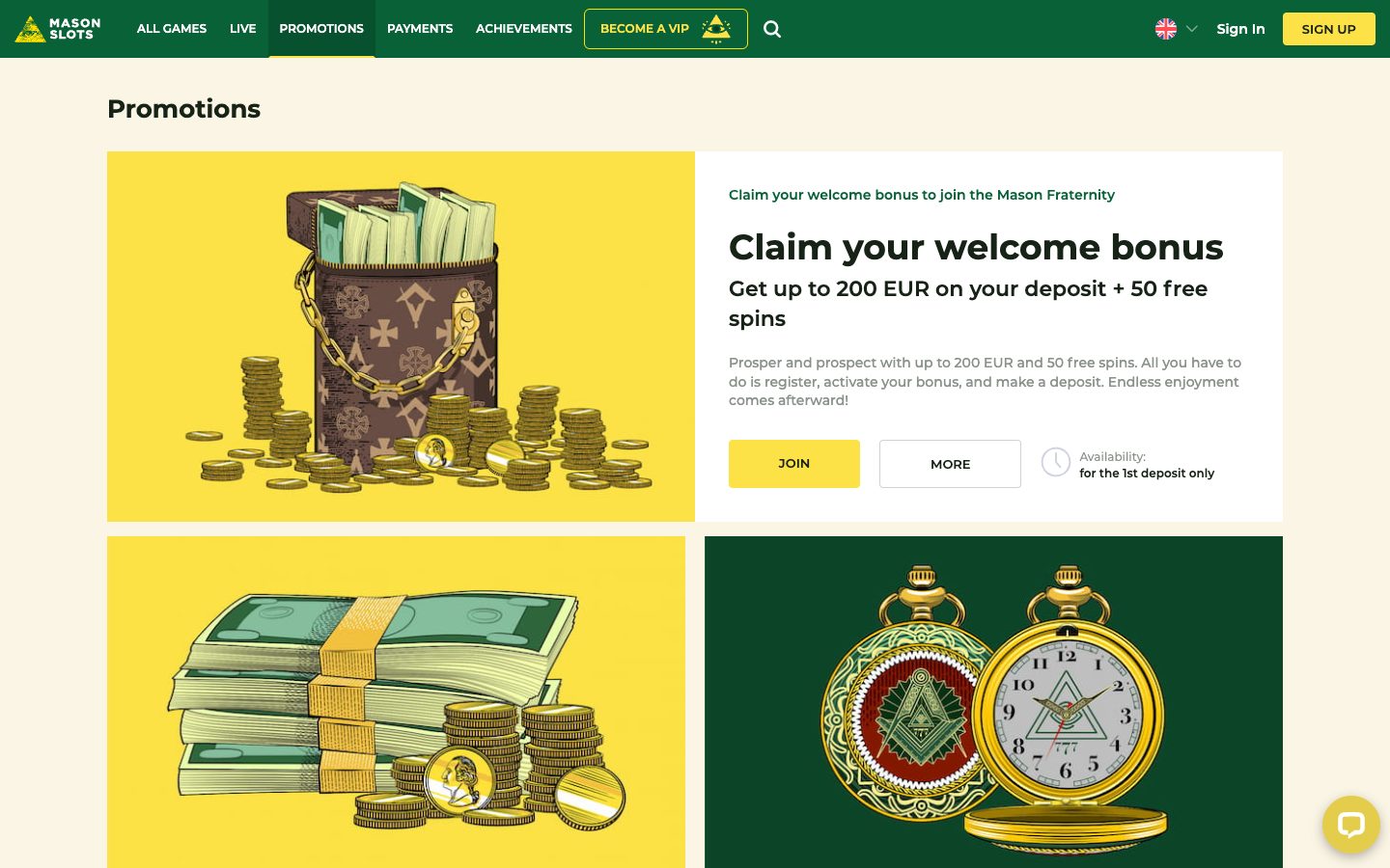 MasonSlots Casino promotions page