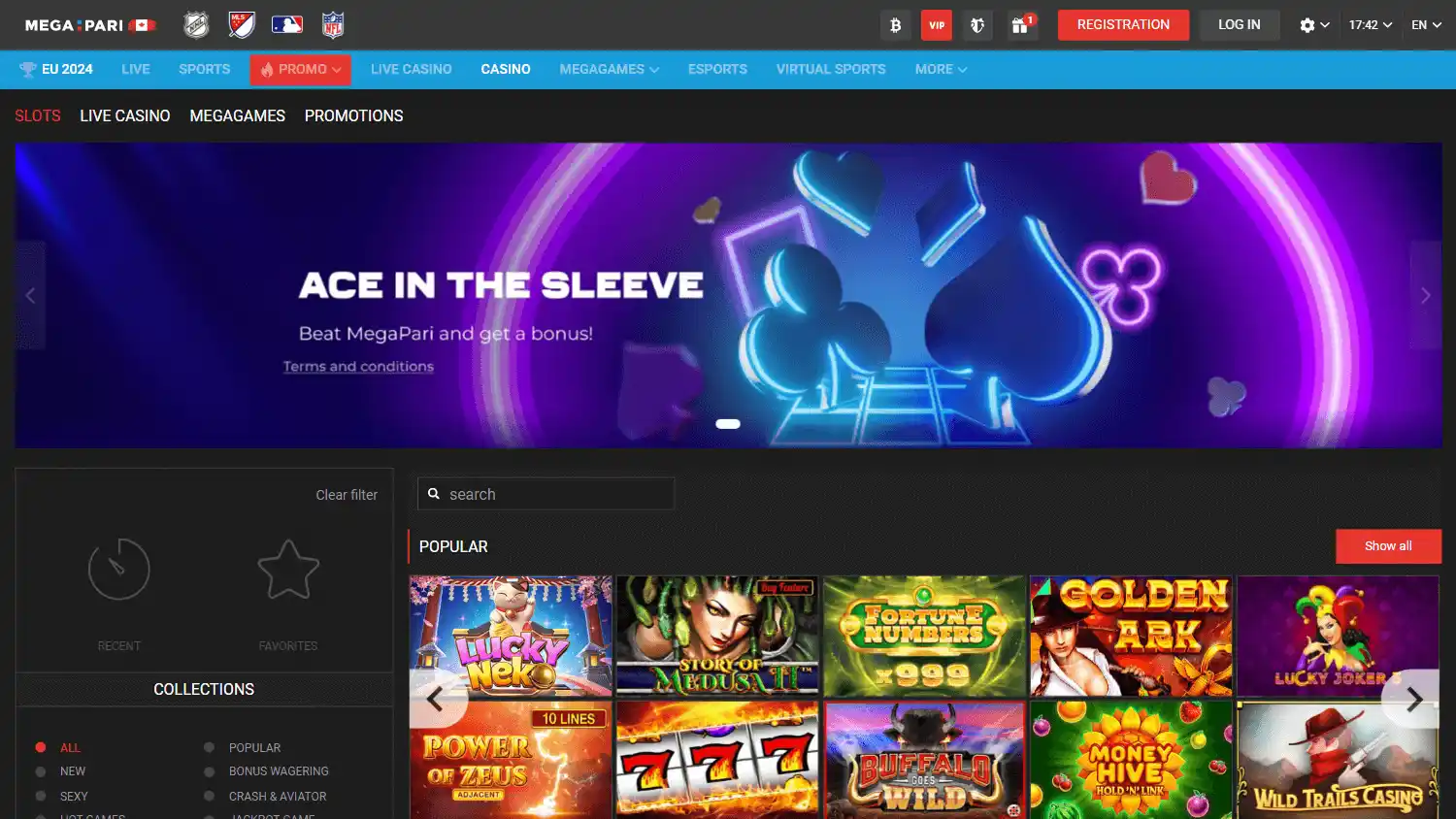 Megapari casino lobby on desktop