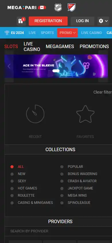 Megapari casino lobby on mobile