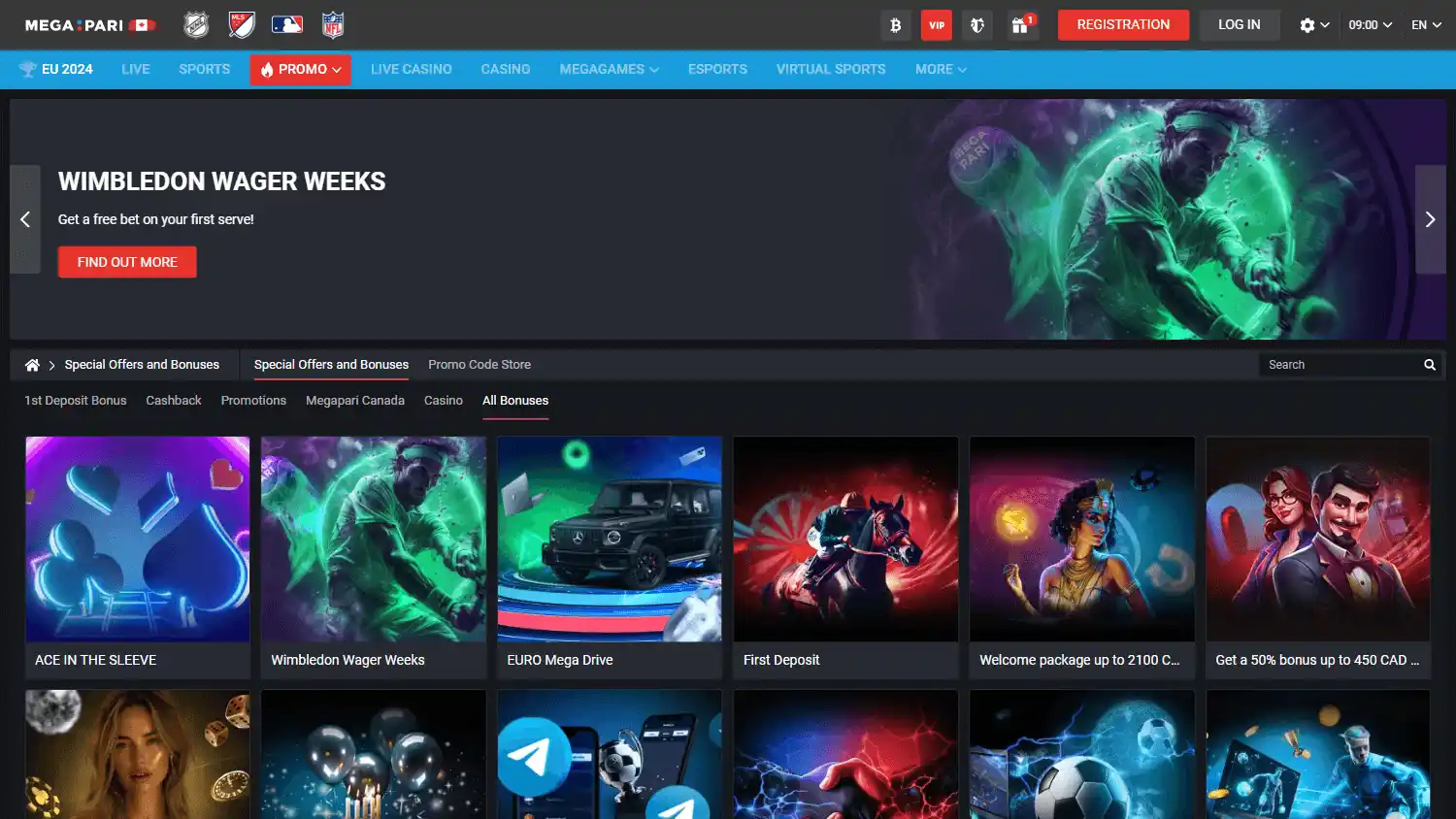 Megapari promotions page on desktop
