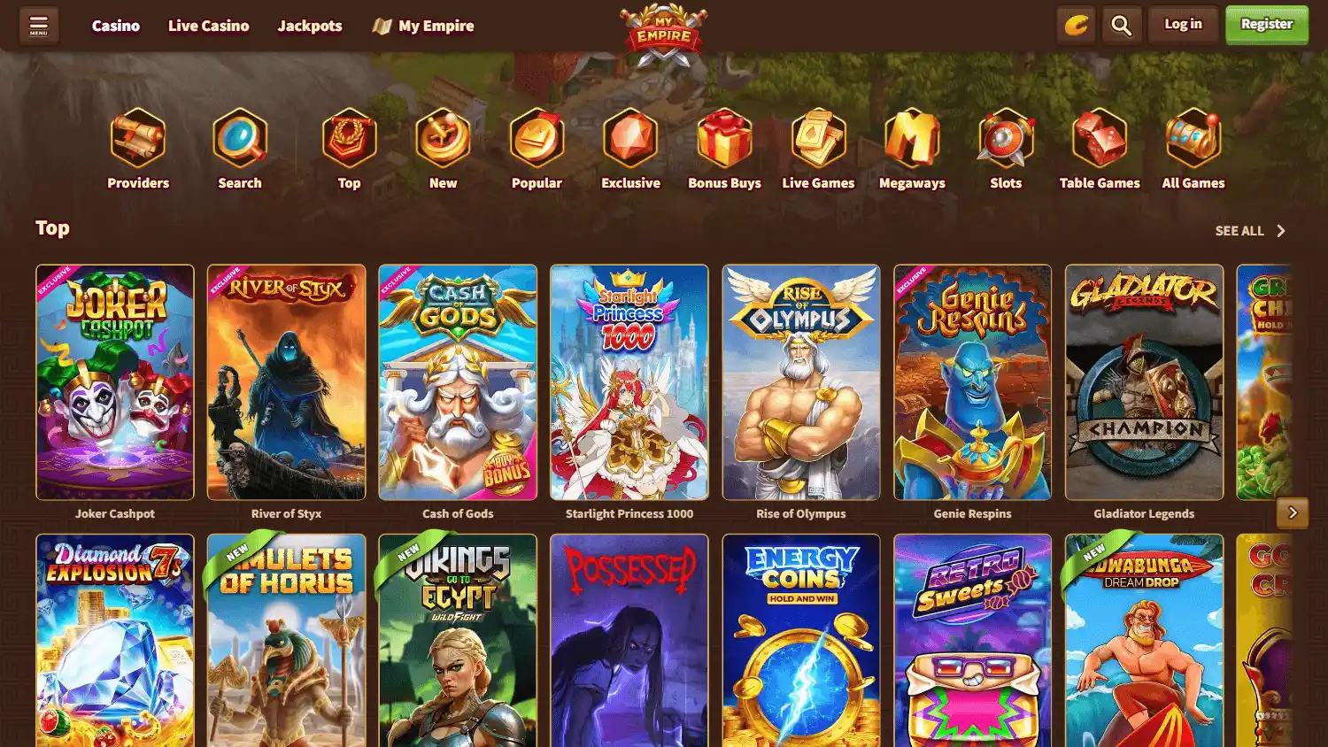 MyEmpire Casino game lobby on desktop