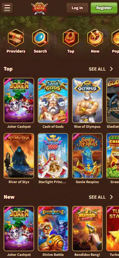 MyEmpire Casino game lobby on mobile