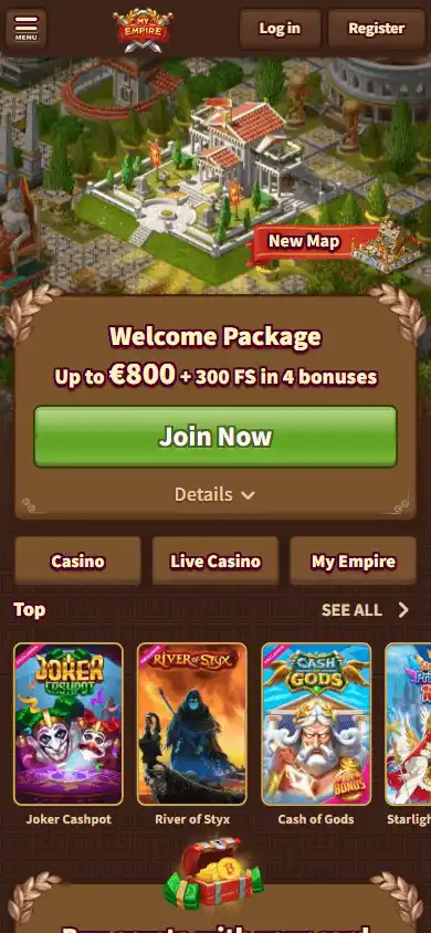 MyEmpire Casino homepage on mobile