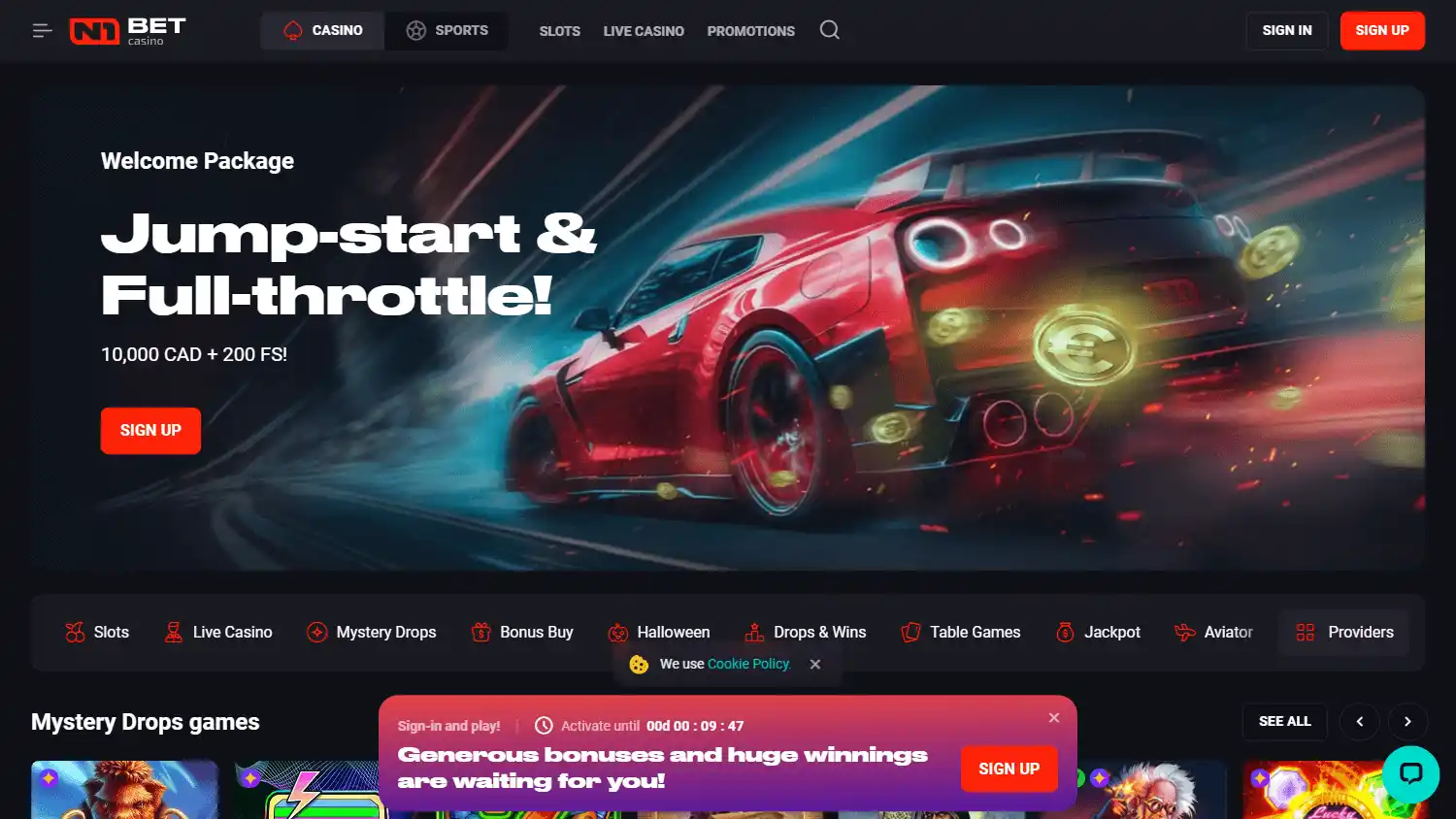 N1 Bet Casino homepage on desktop
