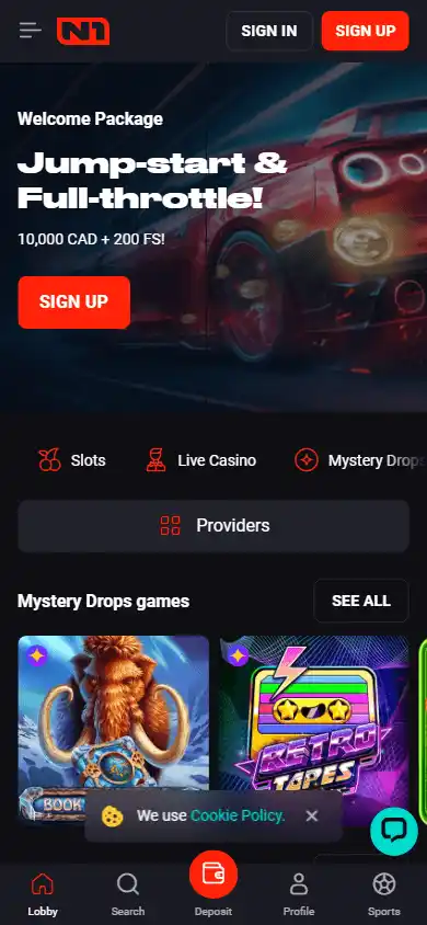 N1 Bet Casino homepage on mobile