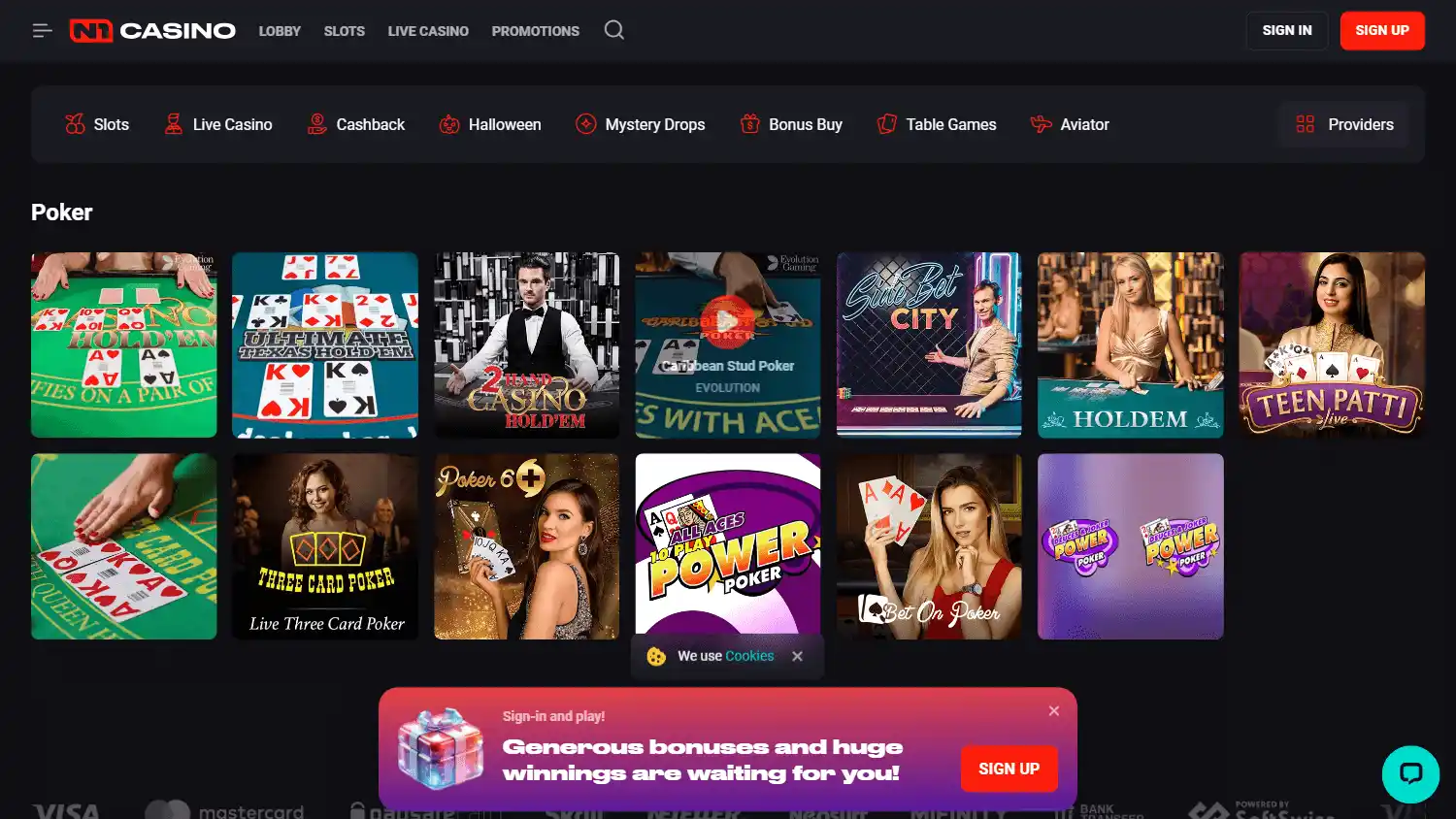 N1 Casino table and poker games on desktop