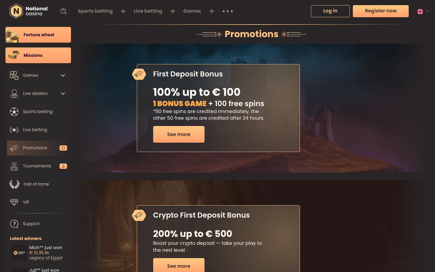 National Casino promotions page