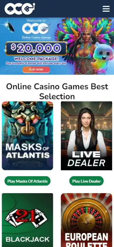Online Casino Games homepage on mobile