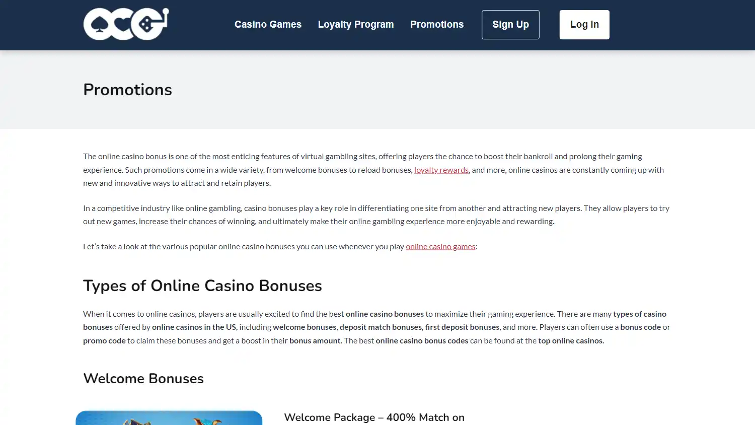 Online Casino Games promotions page on desktop