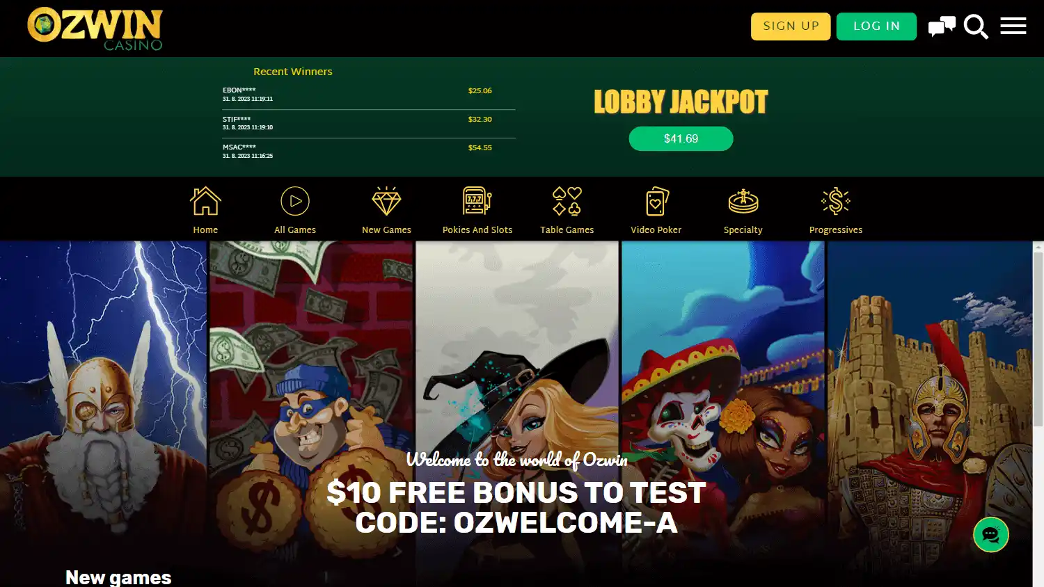 Ozwin Casino game lobby on desktop