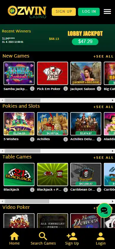 Ozwin Casino game lobby on mobile
