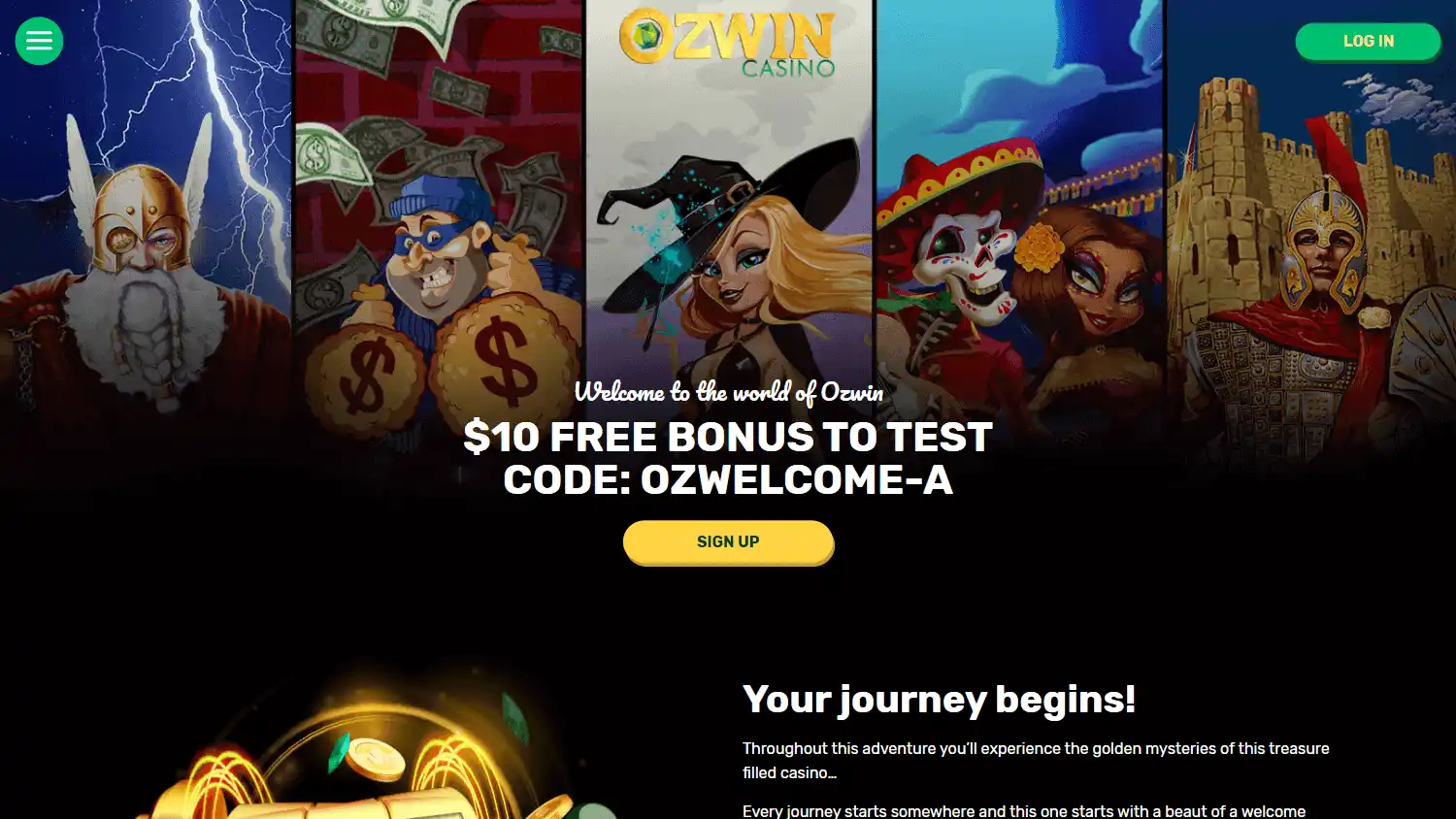 Ozwin Casino homepage on desktop