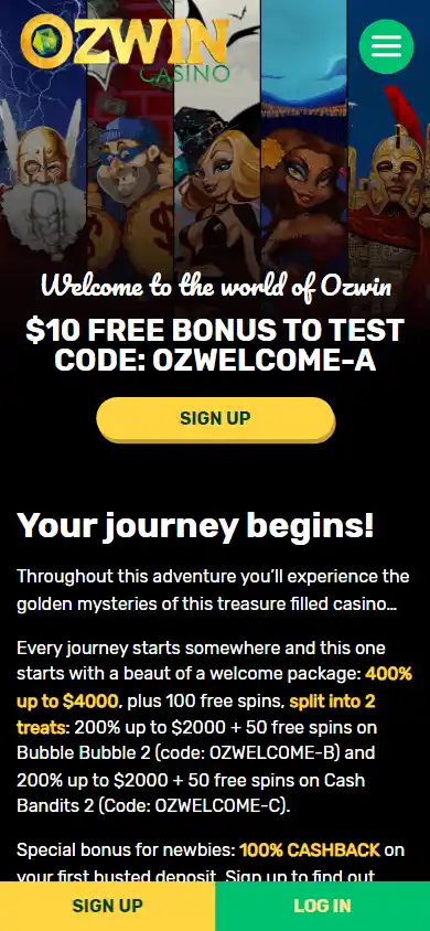 Ozwin Casino homepage on mobile