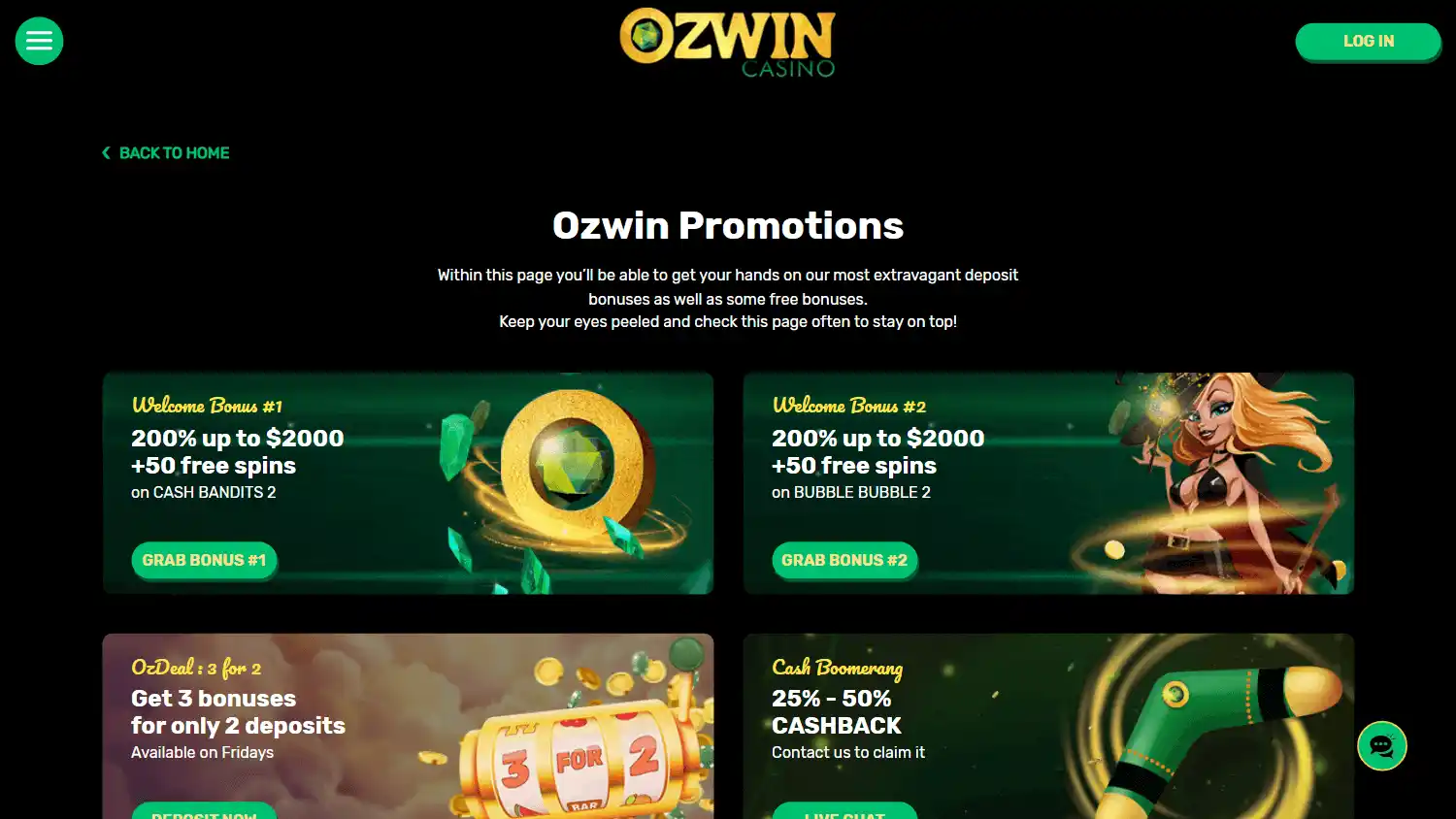 Ozwin Casino promotions page on desktop