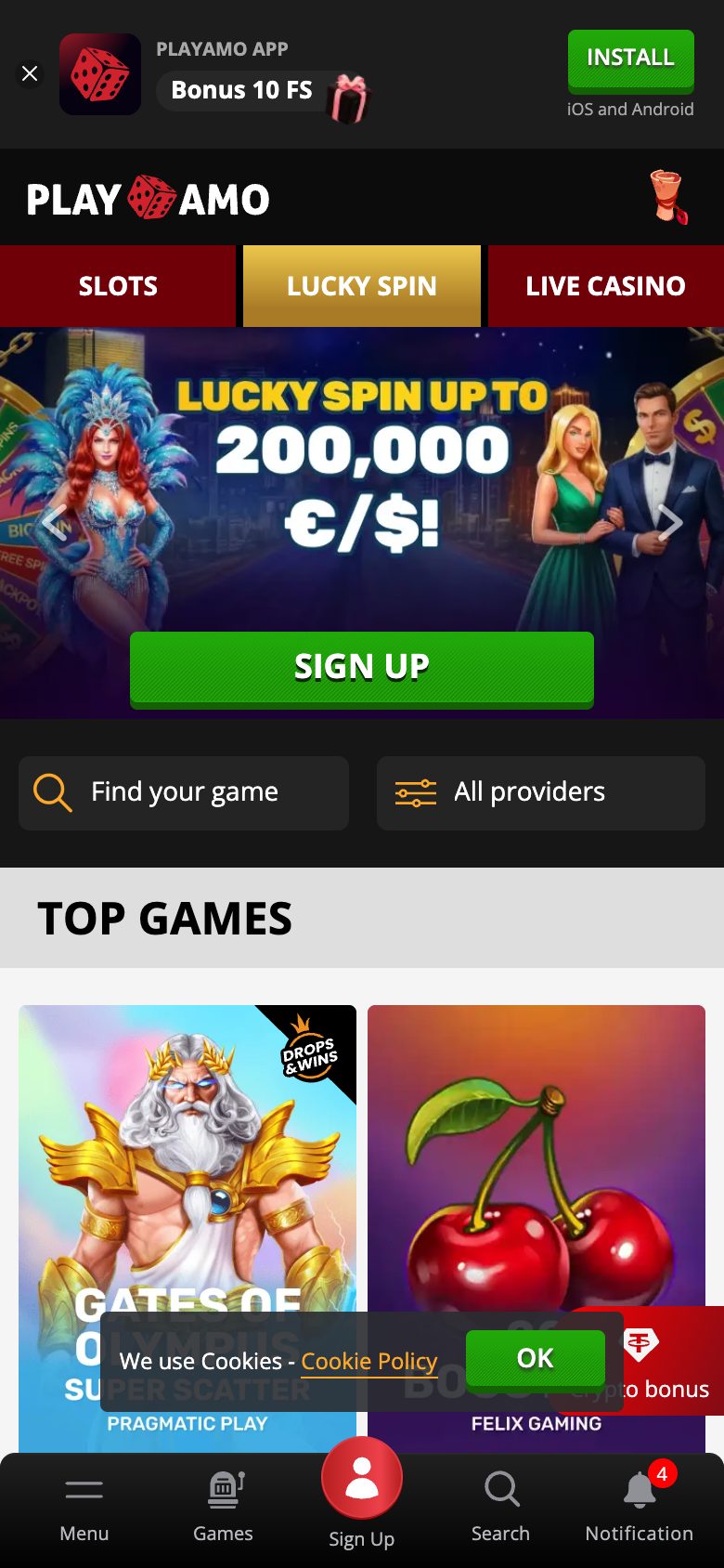 PlayAmo Casino homepage on mobile