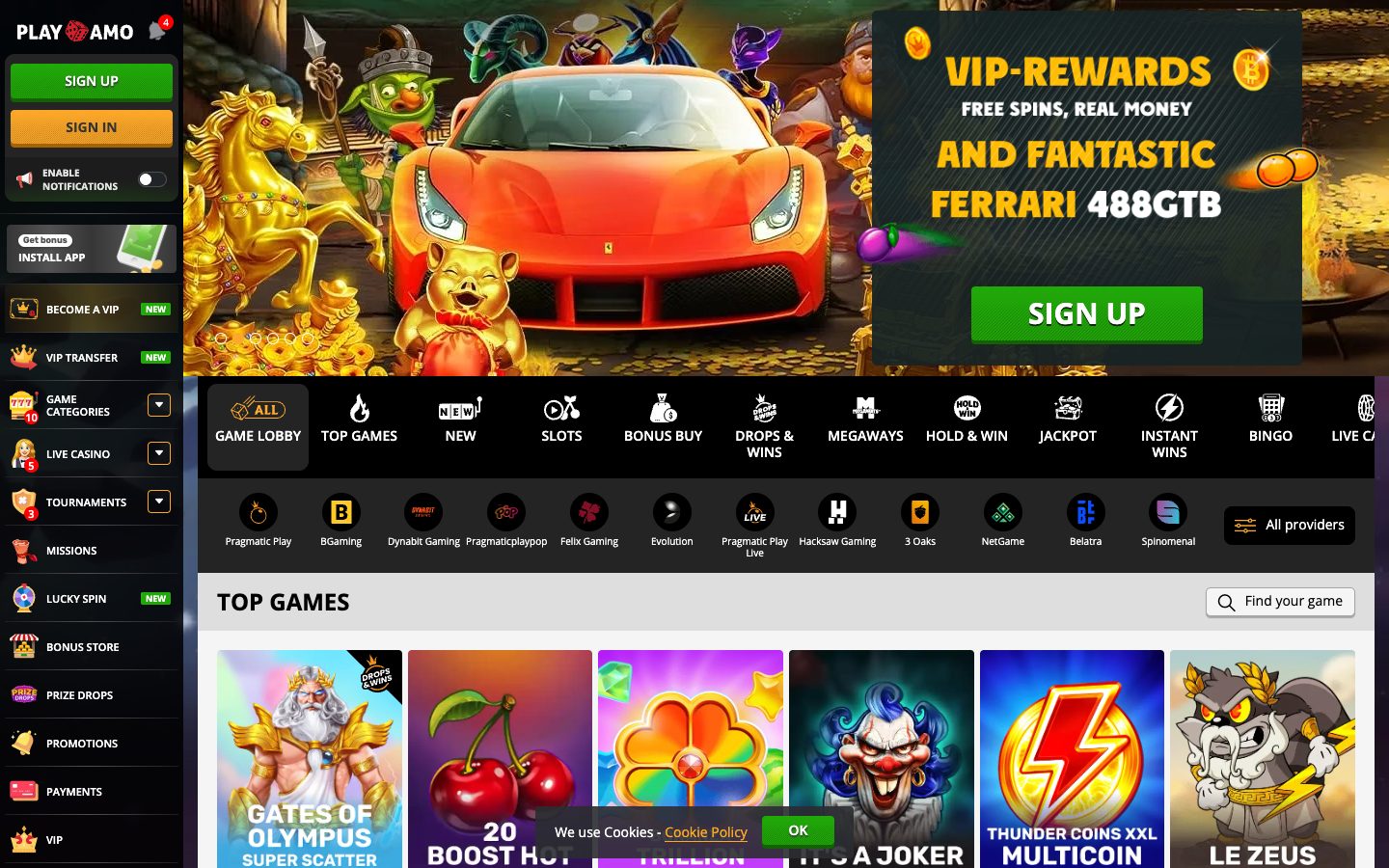 PlayAmo Casino homepage on desktop