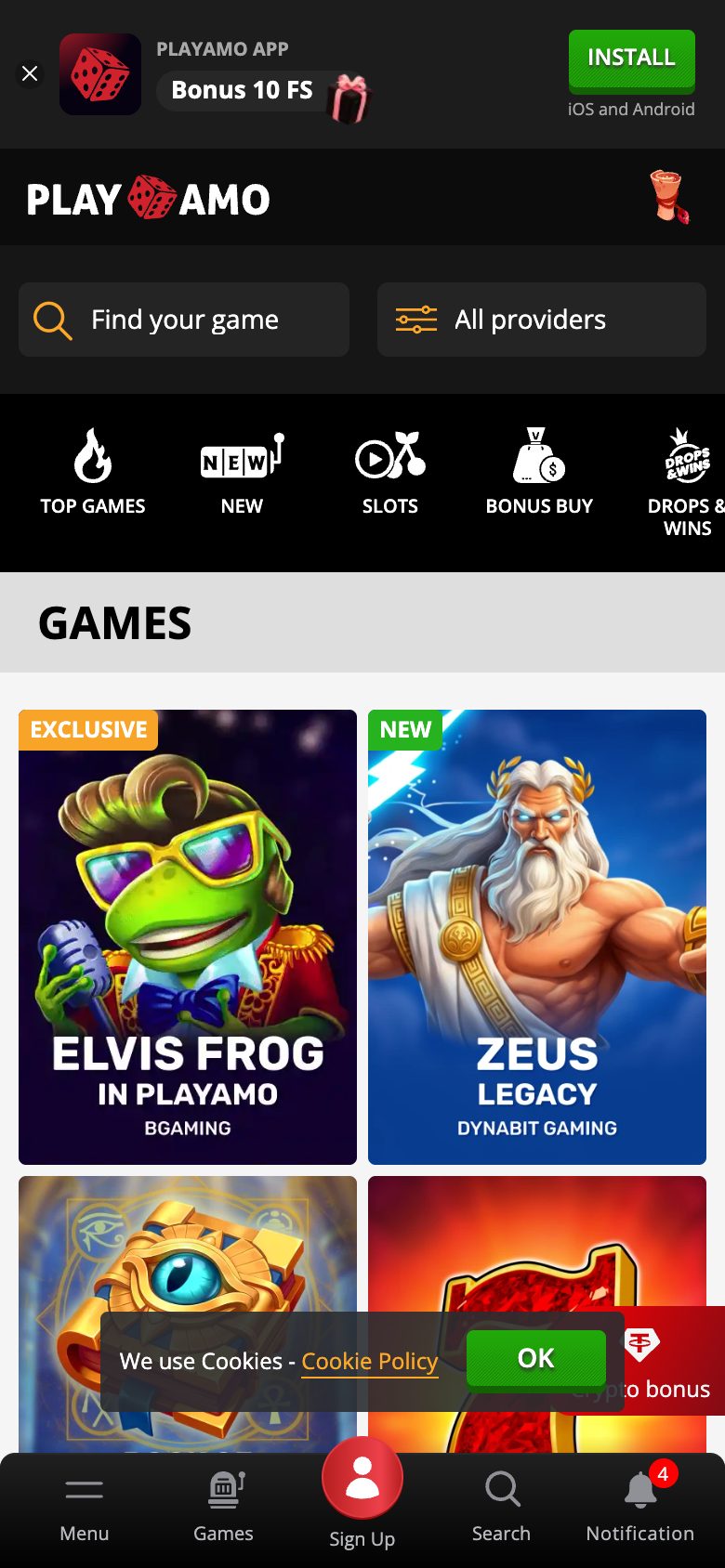PlayAmo Casino game lobby on mobile