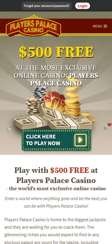 Players Palace Casino homepage on mobile
