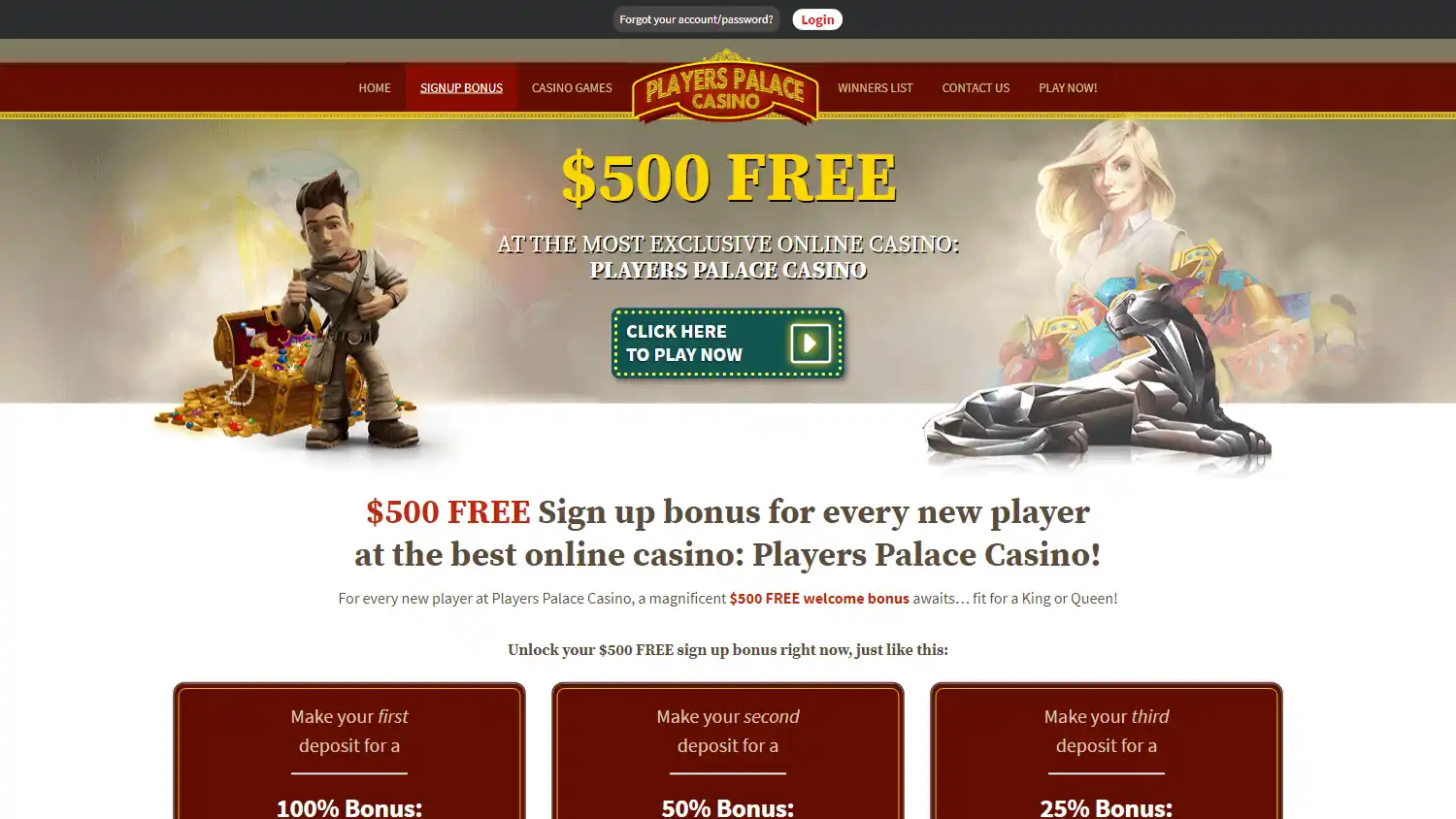 Players Palace Casino welcome bonus page on desktop