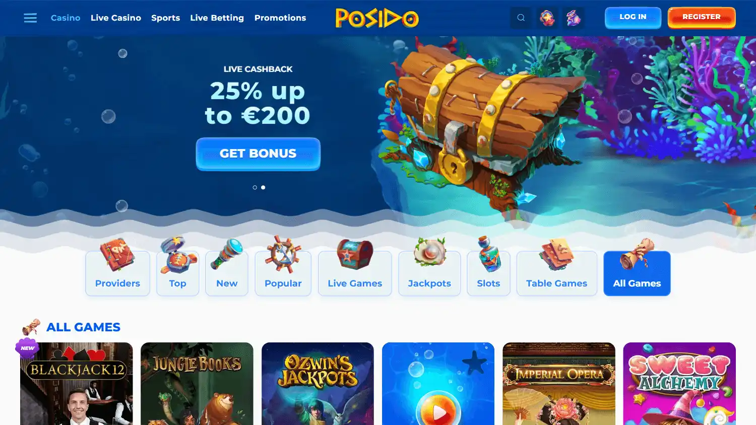 Posido Casino homepage: an underwater theme with a live-cashback promo banner, category chips for Providers, Live Games, Jackpots, Slots and Table Games, and a game grid opening on a Blackjack 12 tile