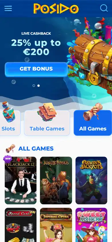 Posido game lobby on mobile with category tiles and a Blackjack 12 tile