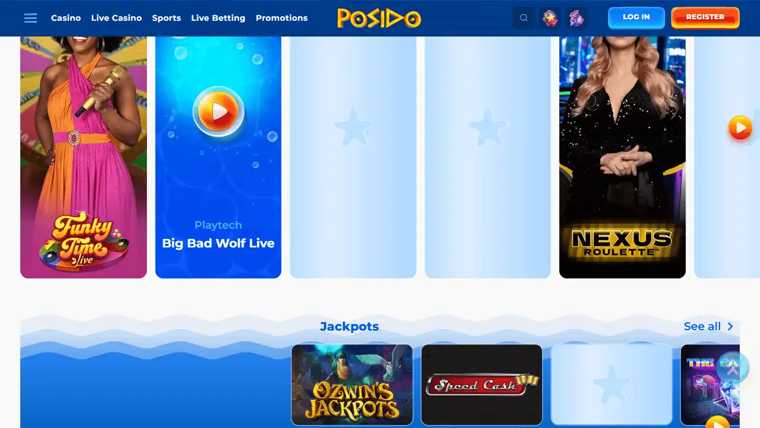 Posido live-casino tiles including Funky Time Live, Big Bad Wolf Live and Nexus Roulette, above a Jackpots row