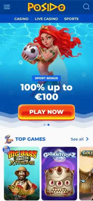 Posido homepage on mobile with a sport-bonus hero and a Top Games row