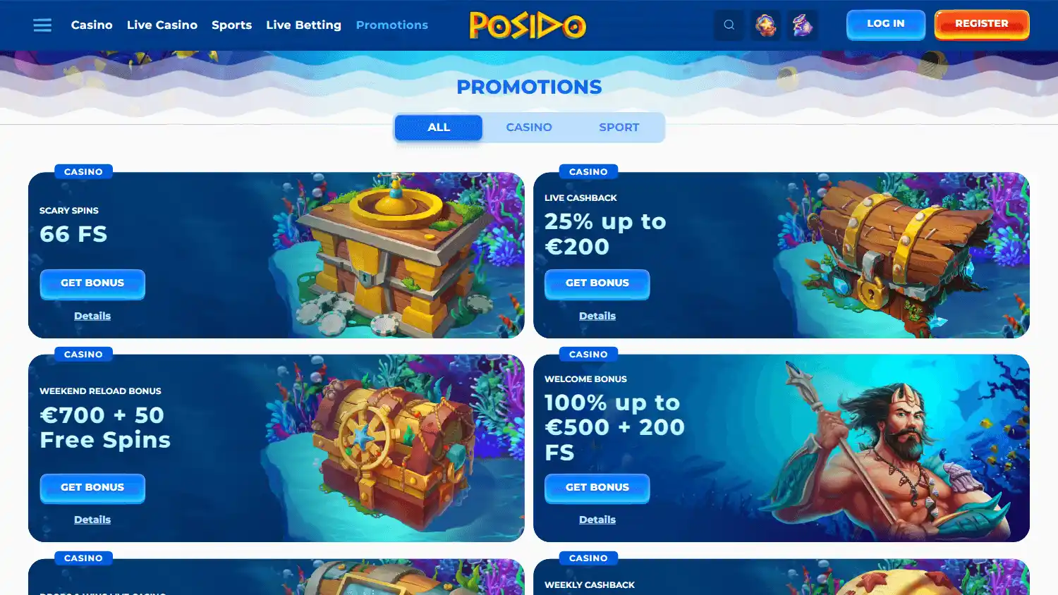 Posido promotions page listing casino offers including a live-cashback deal, a weekend reload and a welcome bonus