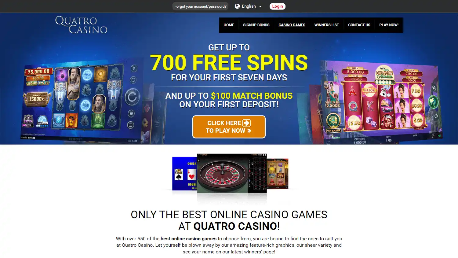 Quatro Casino games page on desktop