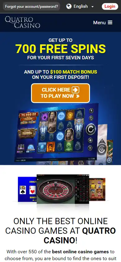 Quatro Casino games page on mobile