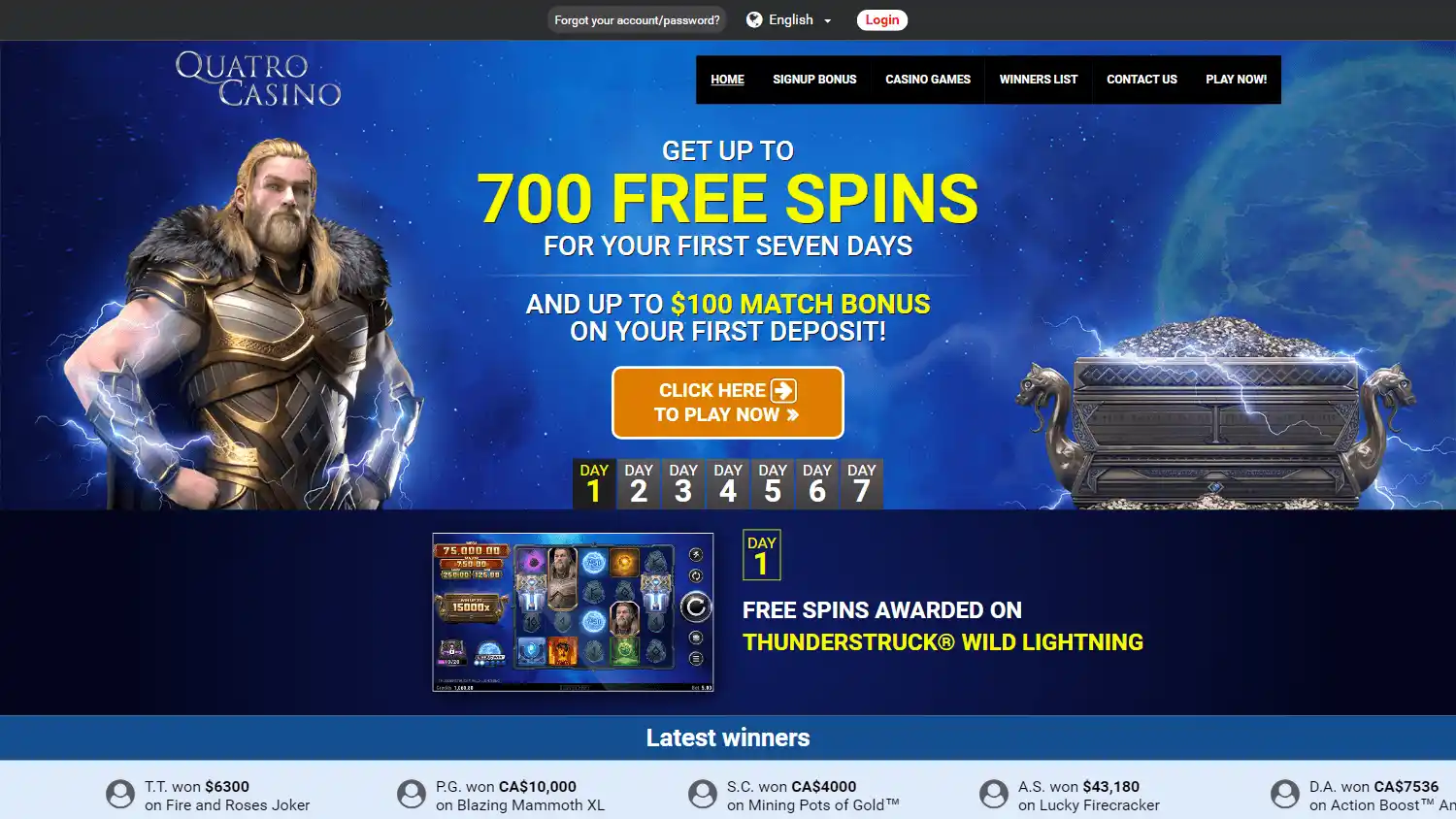 Quatro Casino homepage on desktop