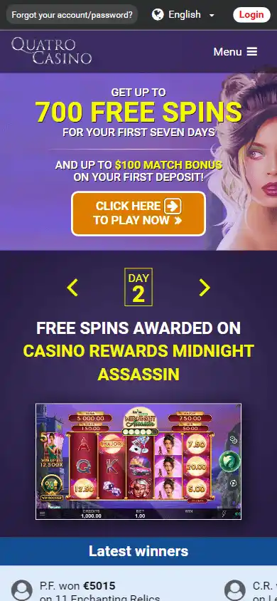 Quatro Casino homepage on mobile