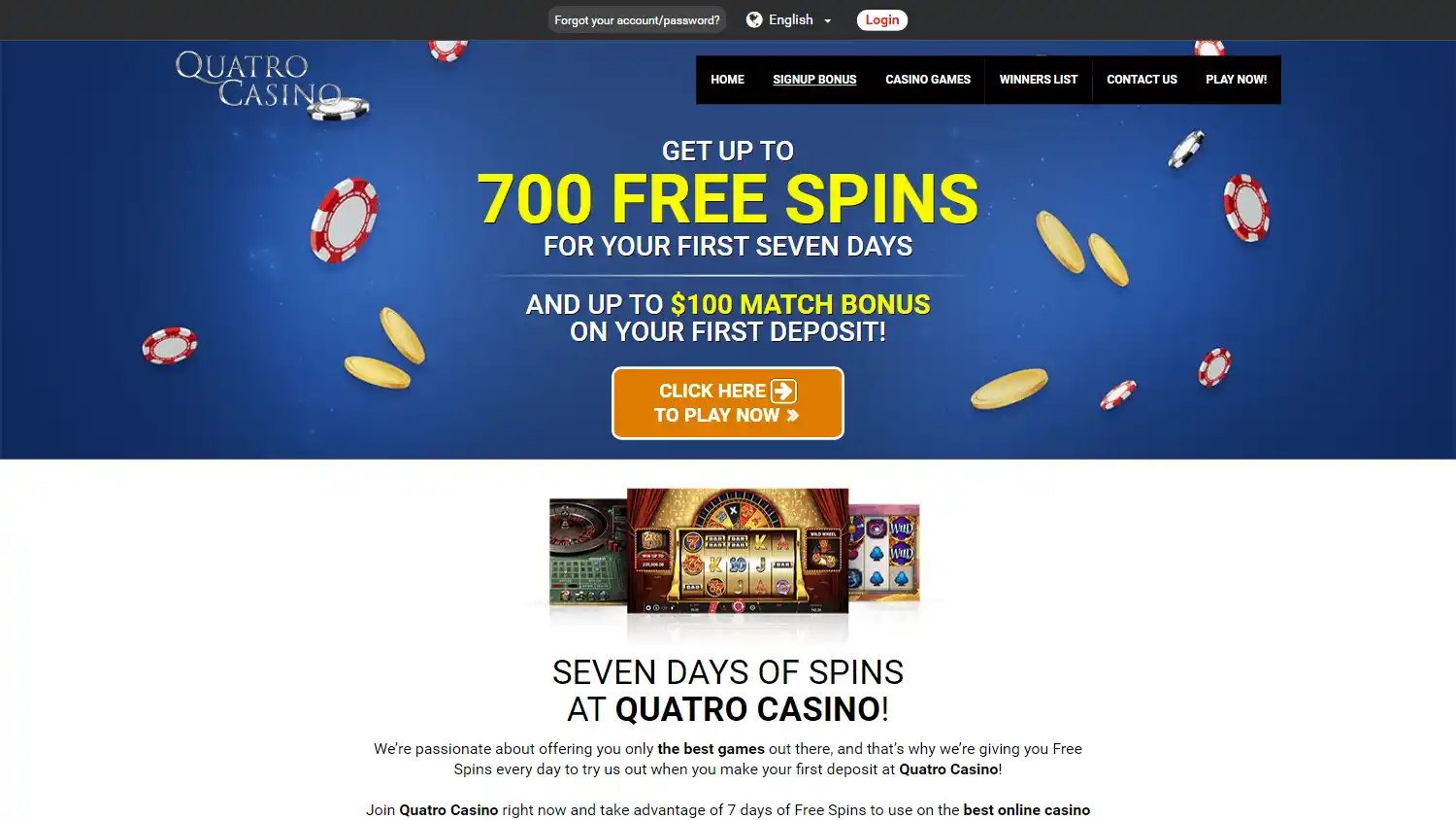 Quatro Casino welcome bonus page on desktop