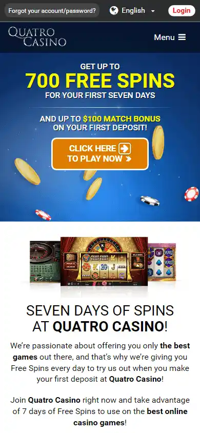 Quatro Casino bonus page on mobile