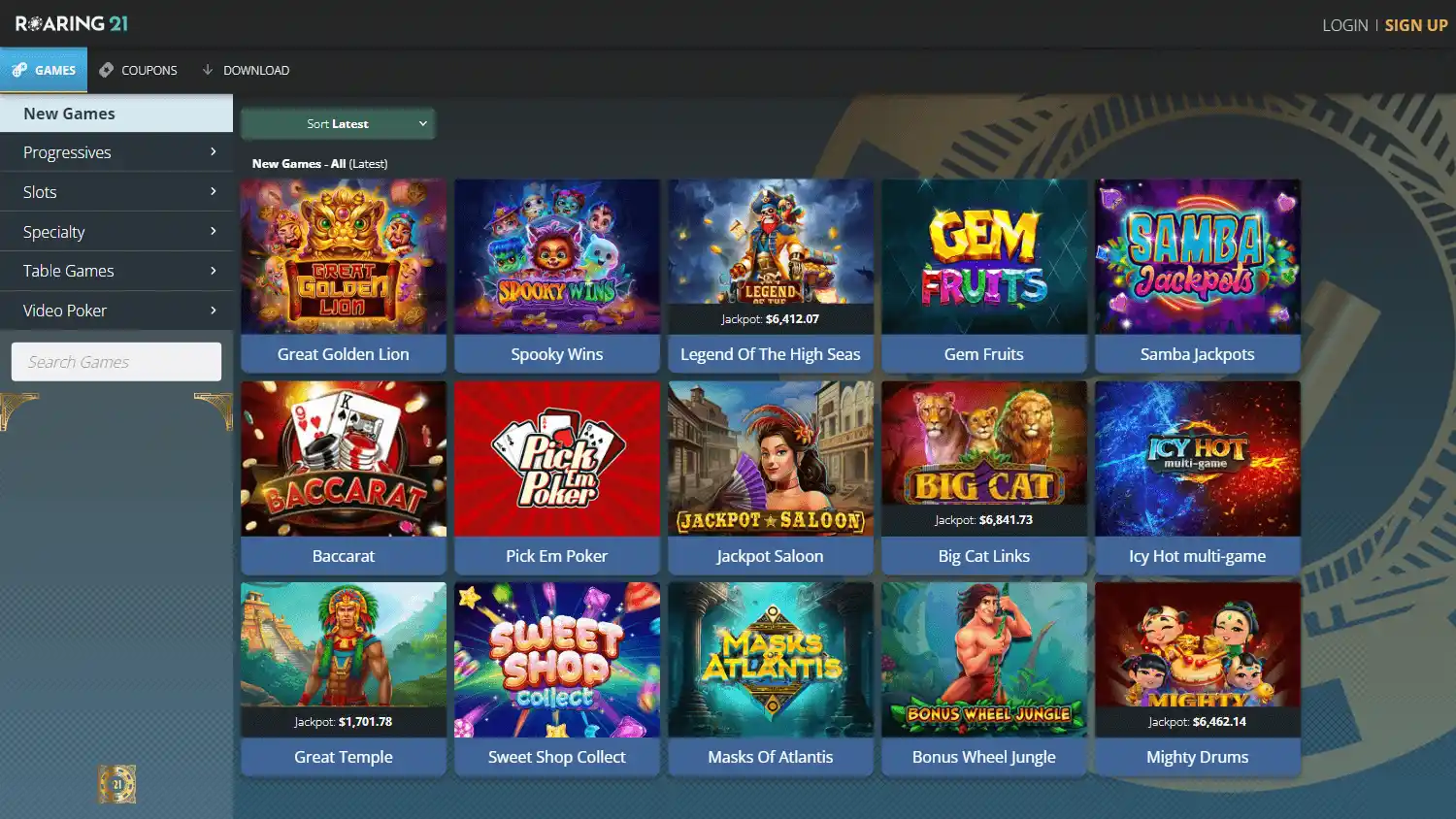 Roaring 21 game lobby: a left sidebar of New Games, Progressives, Slots, Specialty, Table Games and Video Poker beside a grid of Realtime Gaming titles including Baccarat and Pick Em Poker