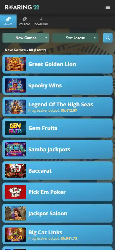 Roaring 21 game lobby on mobile showing the New Games list