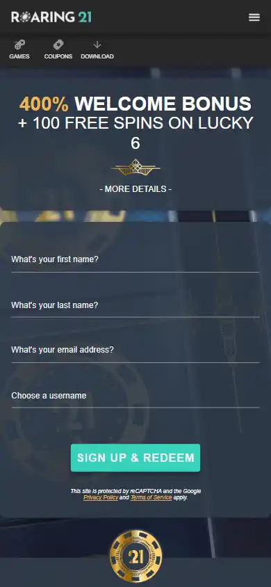 Roaring 21 homepage on mobile with the 400% welcome-bonus hero and sign-up form