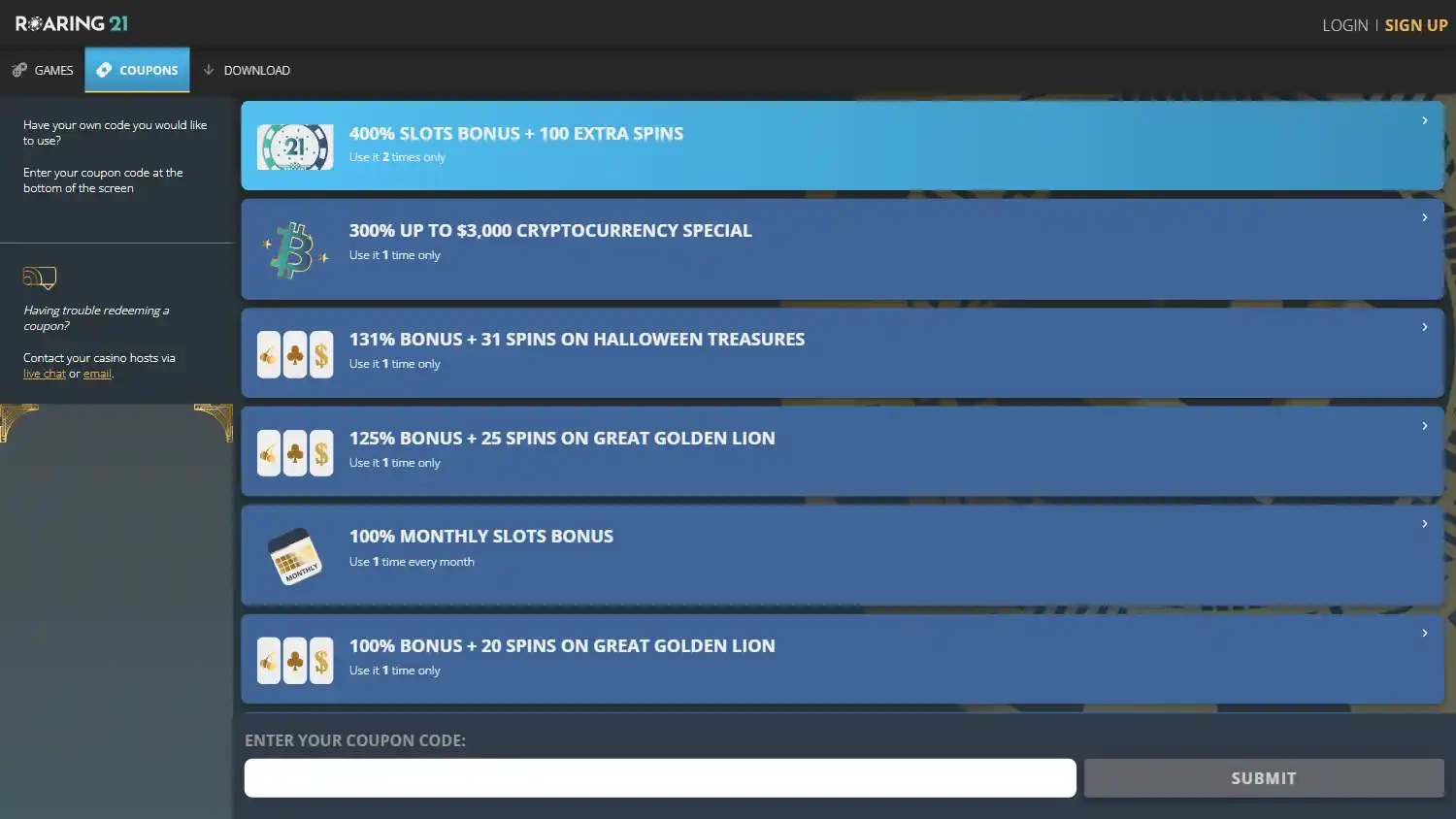 Roaring 21 coupons page listing slots and cryptocurrency bonus codes, each with a redemption limit, and a coupon-code entry box