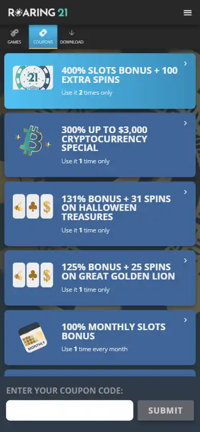 Roaring 21 coupons on mobile