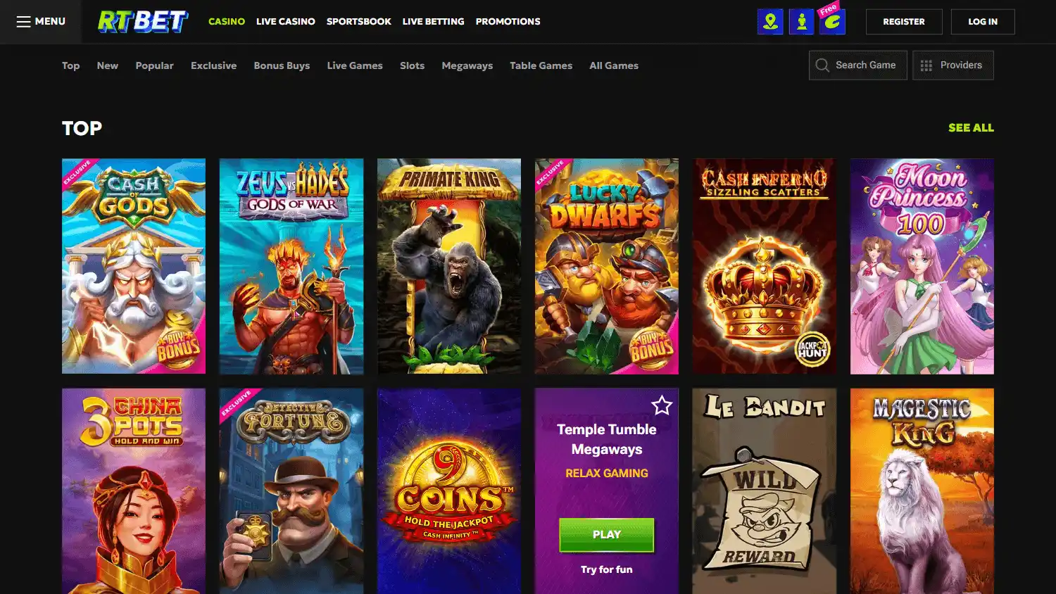 RTbet Casino game lobby on desktop