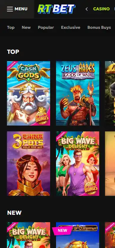 RTbet Casino game lobby on mobile